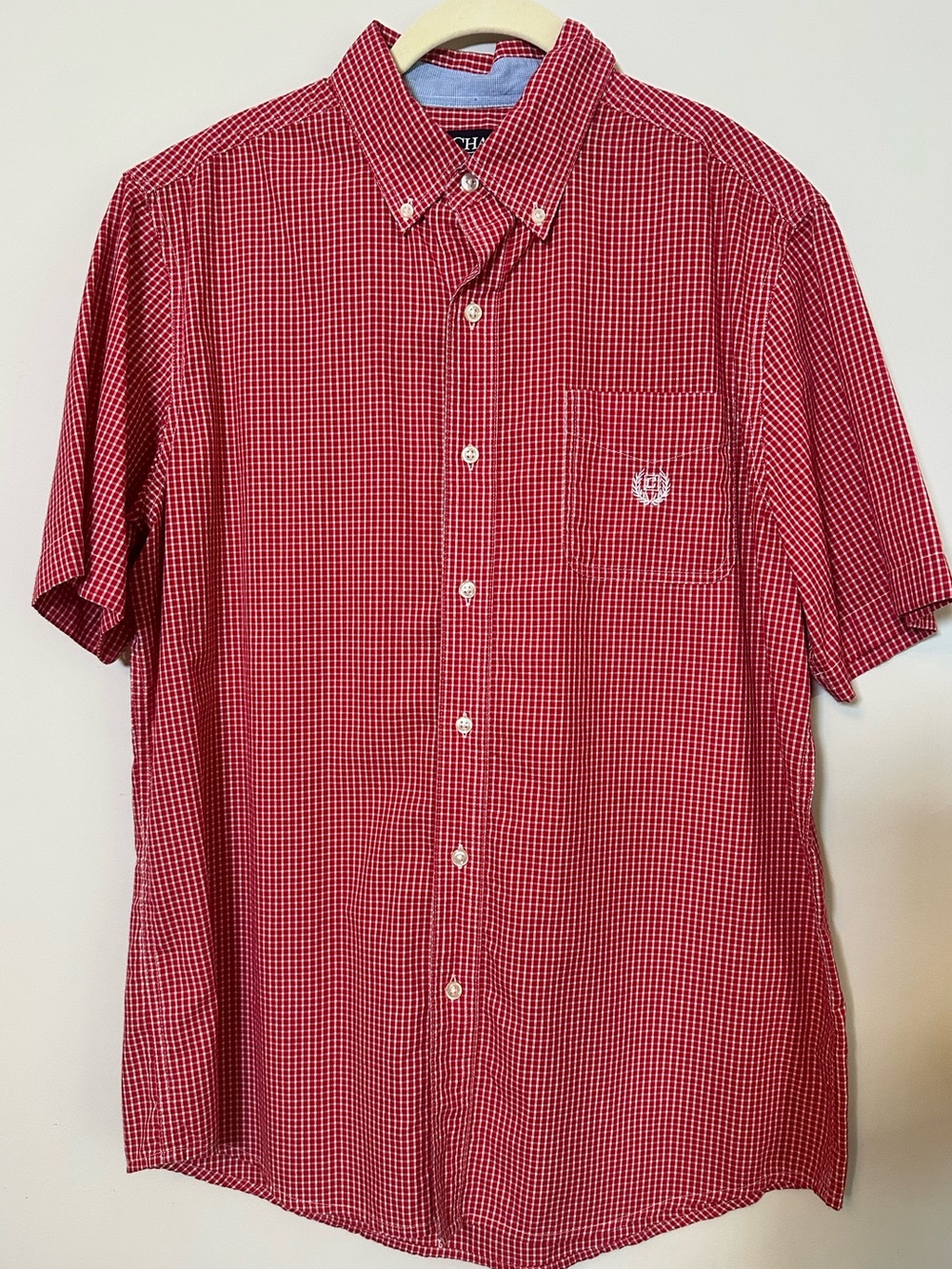 Men's Chaps Short-Sleeve Button-Down Red Plaid Gingham Size M